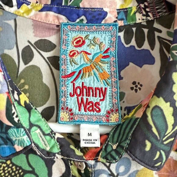 Johnny Was Chelsea Astra Floral Button-Up Silk Blouse With Roll Tab Sleeves - Picture 5 of 10